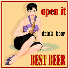 Poster girl with beer on yellow background