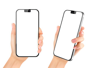 Hand holding the black smartphone device with a white empty touching screen isolated on white background. Two positions vertical and angled. Vector