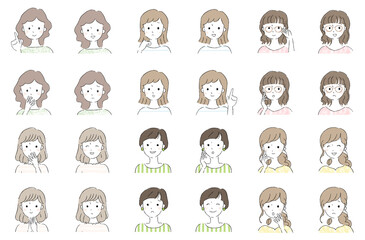 若い女性の顔アイコン（笑顔・困り顔・びっくり顔）