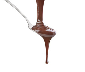 dripping chocolate in a spoon on a white background