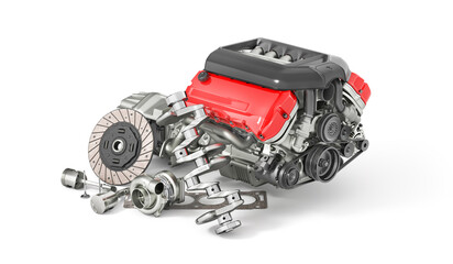 Auto parts isolation on a white background. 3d illustration