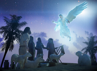 Christmas Angel announced to the shepherds the birth of Jesus birth in Bethlehem render 3d