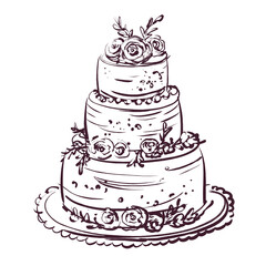 Wedding cake with roses in 3 tiers, vintage sketch on a white background. Holiday dessert in vintage style. Hand-drawn wedding cake in Provence style