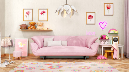 Stylish pinky girl's children room with sofa-bed, soft carpet and tender decor, 3d illustration