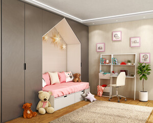 Cozy girl's children room with sofa-bed installed in wardrobe, study area, cozy rug and decor, 3d illustration