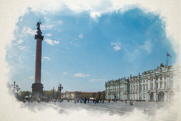 Fototapeta na wymiar State Hermitage Museum at the Palace Square in Saint Petersburg, Russia. Digital watercolor illustration. 