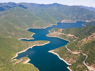 Aerial view of Vacha Reservoir, Rhodope Mountains, Bulgaria