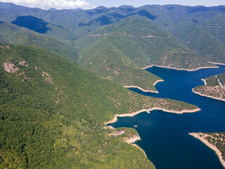 Aerial view of Vacha Reservoir, Rhodope Mountains, Bulgaria