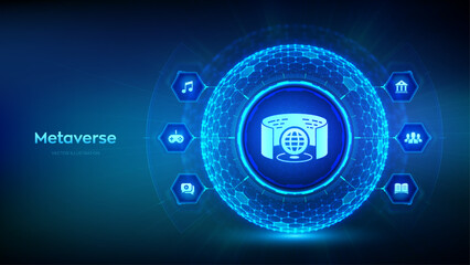 Metaverse virtual world technology concept. 3D visualization and simulation. Artificial intelligence. Augmented reality and virtual technology. Hexagonal grid sphere background. Vector illustration.