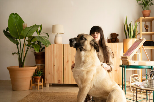 Girl with big dog painting at cozy living room