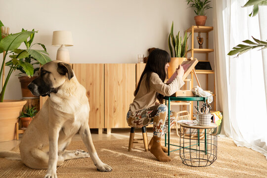Dog and girl in living room
