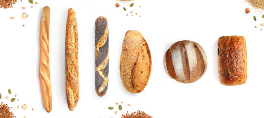 Creative layout made of breads on white background. Flat lay. Food concept.