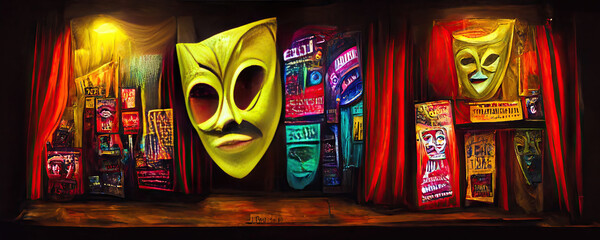 Theater, drama and comedy masks with curtains, box office and posters in the background. AI-generated digital painting. - obrazy, fototapety, plakaty