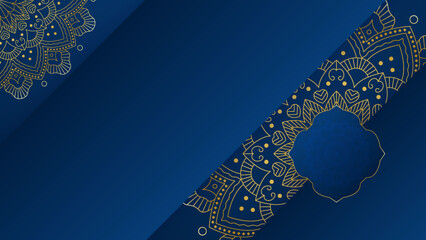 Mandala arabic blue Islamic design background. Universal ramadan kareem banner background with lantern, moon, islamic pattern, mosque and abstract luxury islamic elements