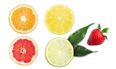 Tropical fruit lemon orange lime strawberry slice on the desk