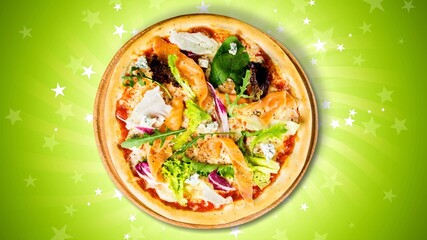 Tasty italian pizza on coloured background. Meat pizza delivery concept with color backdrop