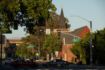 Sunset view of historic downtown Santa Ana, California, USA.