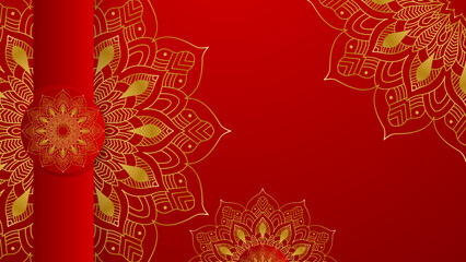 Luxury red gold mandala background for wedding card template with golden arabesque pattern Arabic Islamic east background style. Decorative mandala for print, poster, cover, flyer, banner.