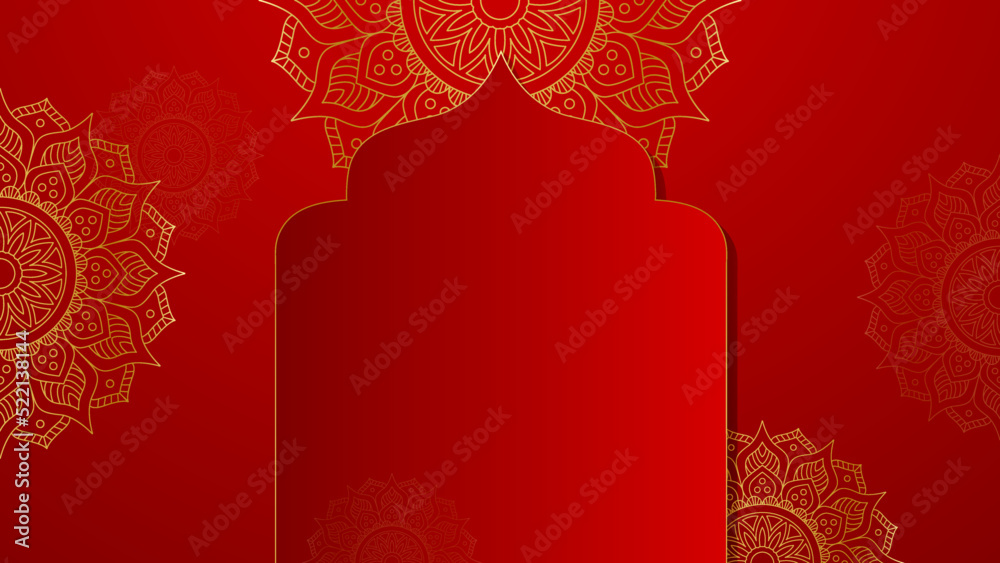 Wall mural Luxury red gold mandala background for wedding card template with golden arabesque pattern Arabic Islamic east background style. Decorative mandala for print, poster, cover, flyer, banner.