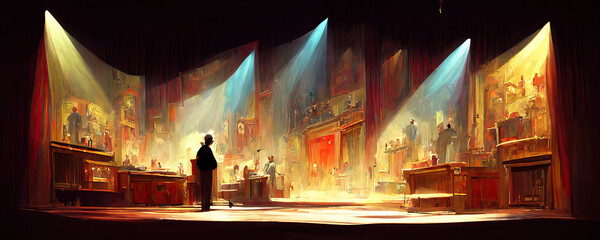 Theater stage with luxury red curtains, columns, spotlights and decor. AI-generated digital painting. - obrazy, fototapety, plakaty