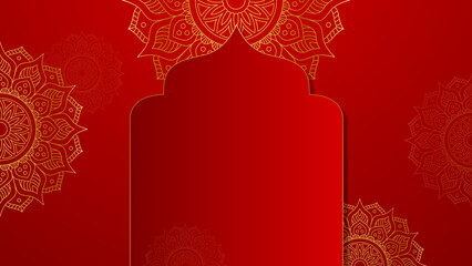 Luxury red gold mandala background for wedding card template with golden arabesque pattern Arabic Islamic east background style. Decorative mandala for print, poster, cover, flyer, banner.