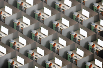 3D work concept - woman on cubicle desk looking at computer screen