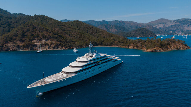 drone view Of a super yacht berthed in marina