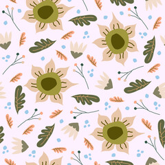Seamless pattern hand drawn sun flowers and leaves floral in muted colors. Perfect for print on fabric textile, clothes, dress, wrapping, book cover, packaging, wedding invitation.