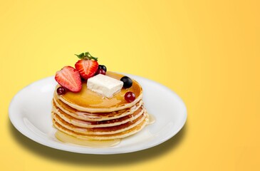 Stack of pancakes on a plate. Homemade pancakes, delicious food. Traditional dish