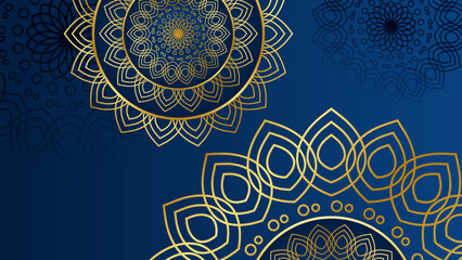 Ramadan Kareem banner with 3d metallic golden crescent moon, paper cut abstract arabesque flowers and Arabic handwritten calligraphy. Translation Ramadan Kareem. Vector.