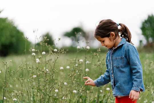 Little girl touching grass with flower