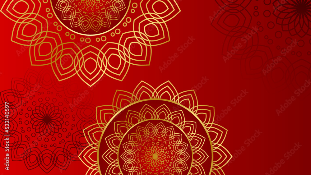 Wall mural Luxury gold and red pattern decoration design for background with art ornament vintage mandala frame