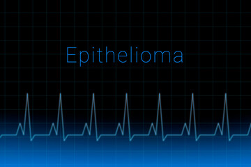 Epithelioma disease. Epithelioma logo on a dark background. Heartbeat line as a symbol of human disease. Concept Medication for disease Epithelioma.