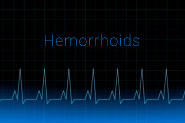 Hemorrhoids disease. Hemorrhoids logo on a dark background. Heartbeat line as a symbol of human disease. Concept Medication for disease Hemorrhoids.