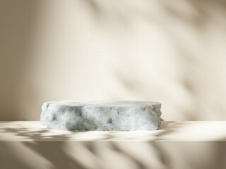 Abstract geometric composition with branch and shadow on the wall -3D render, Cosmetic display stand on brown background. 3D rendering