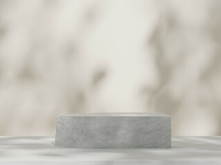 Premium podium display with leaf shadow, Cosmetics or beauty product promotion mockup. Natural stone step pedestal. Trendy minimalist banner, 3D render illustration.