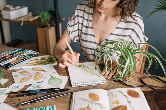 Girl Painting Leaves With Watercolours