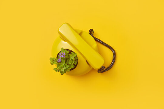 Vintage yellow telephone with flowers