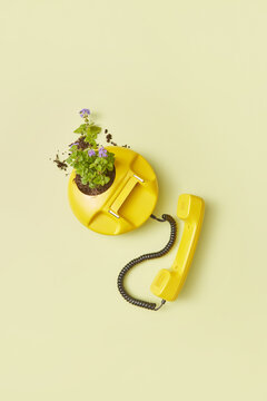 Retro yellow telephone with flowers