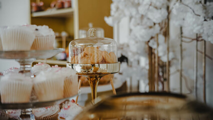 Bread table with a caramel dessert plate and glass top