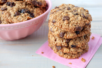 Oatmeal Chocolate Chip Cookies on Pink Napkin
