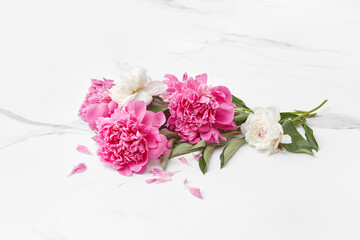 Pink and white peonies laid on marble background.