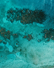 Aerial photo of reefs in Exuma, Bahamas