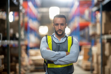 Portrait of middle aged caucasian warehouse worker standing in large warehouse distribution center with arms crossed. In background shelves with goods. Worker smilling and looking to the camera.