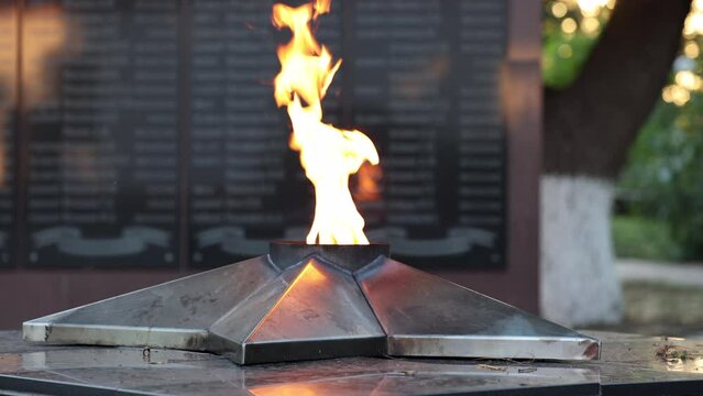 Eternal Flame. Reflection Of Fire In The Granite Slab Of The Monument. Memory Wall Of WWII. 60 FPS, 4k, ProRes