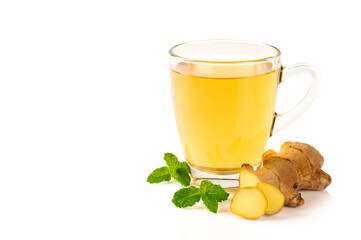 Cup of tea and ginger isolated on white background.