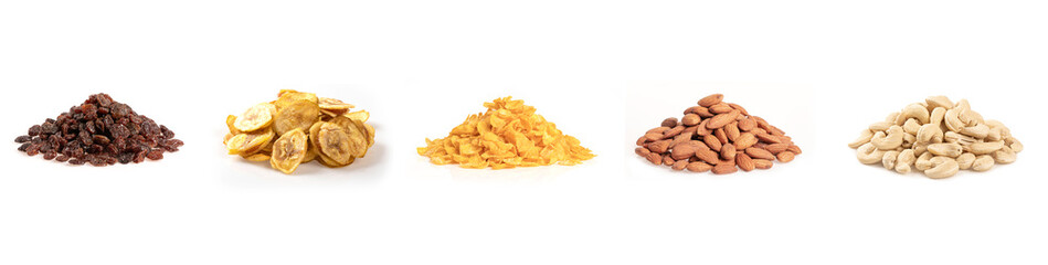 Set of different dry fruits isolated on white background.