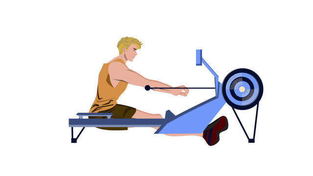 Exercising man with the rowing machine