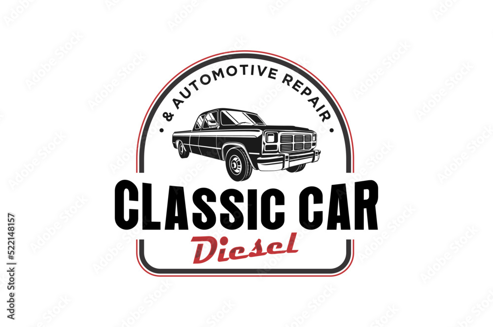 Wall mural classic car diesel logo design automotive old double cabin truck workshop icon symbol black silhouet