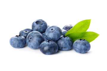 Pile of tasty fresh ripe blueberries and green leaves on white background